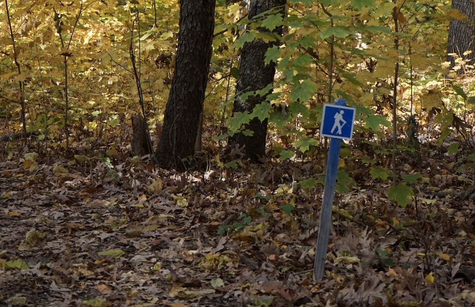 Photo of hiker on a sign surrounded by fall leaves